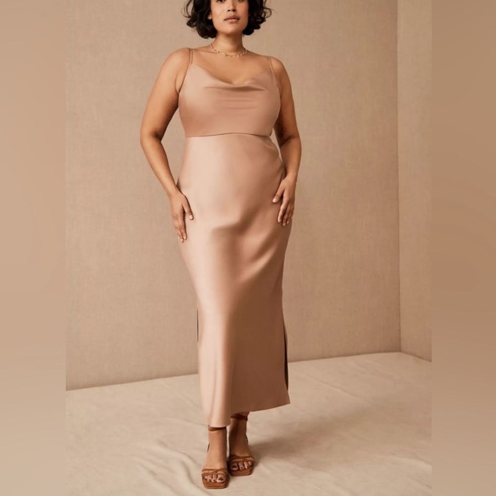 BHLDN Cali Satin Charmeuse Cowl Neck Midi Dress Size 4 Blush Champagne Bridal